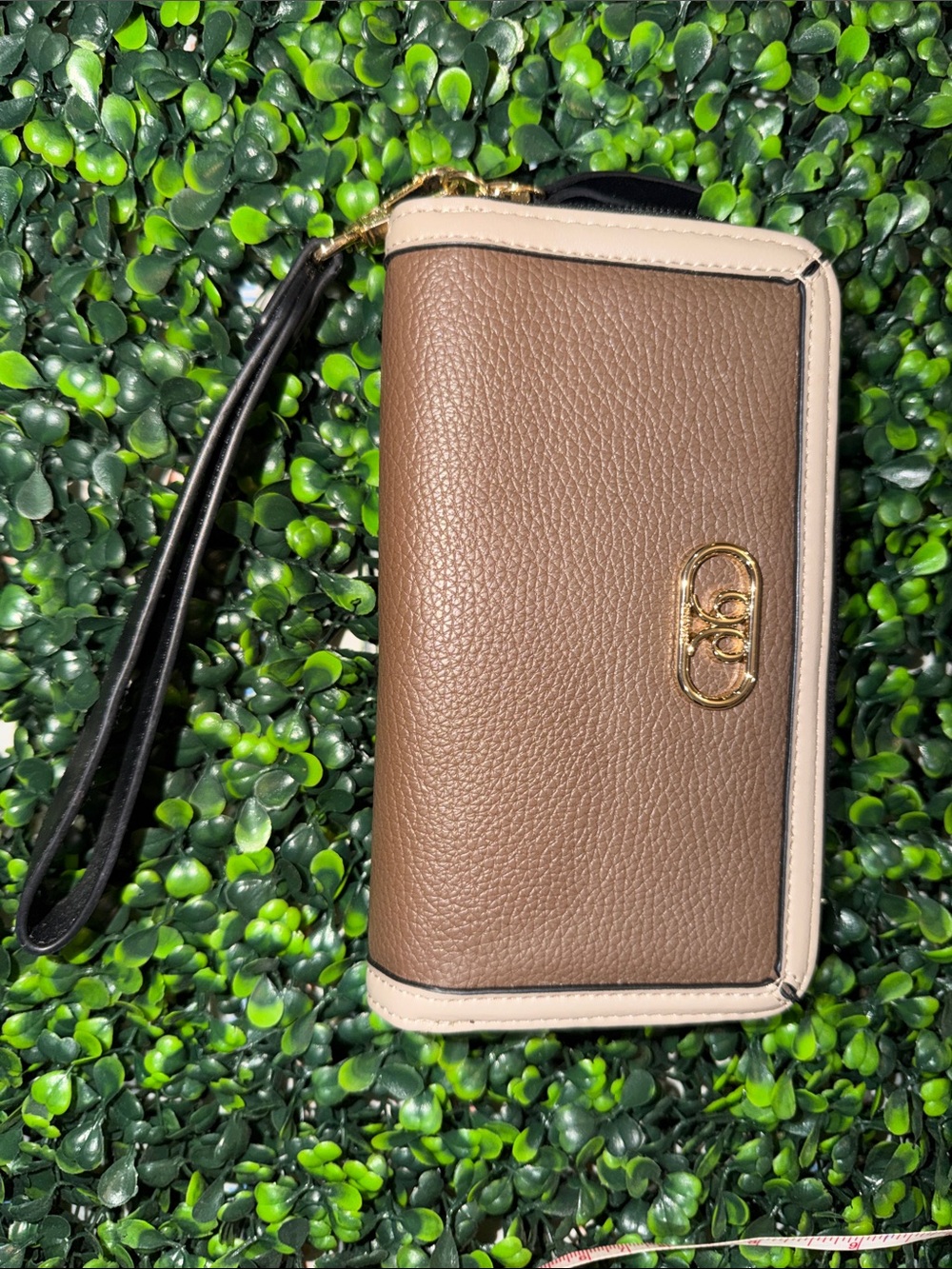 Nine West Brown Pebbled Wristlet Wallet with Gold Logo